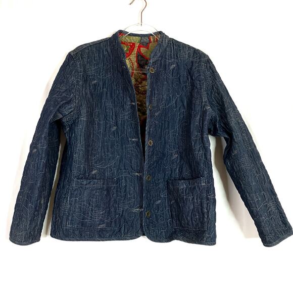 Chico's | REVERSIBLE Chambray Leaf Quilted Jacket Button Front Chicos 2/US L - Picture 1 of 9